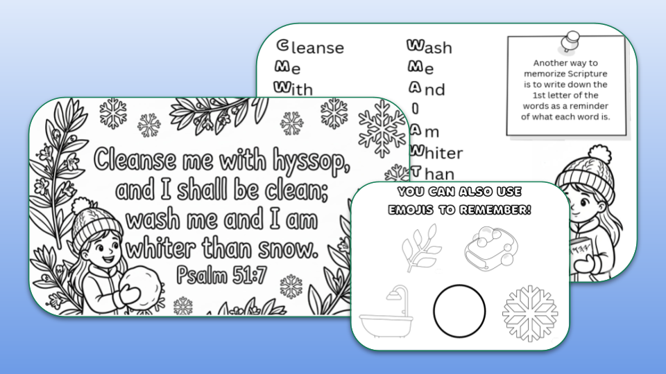 Psalm 51:7 Memory Verse Activity Sheets.