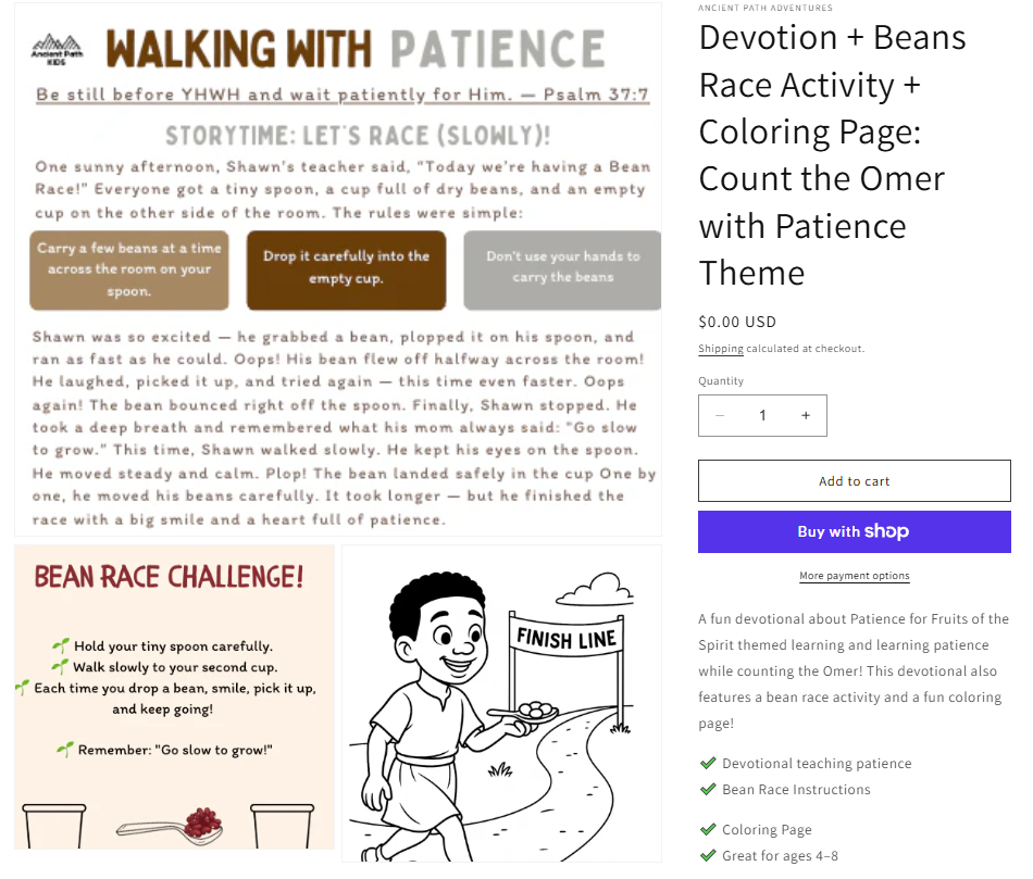 Devotion + Beans Race Activity + Coloring Page: Count the Omer with Patience Theme