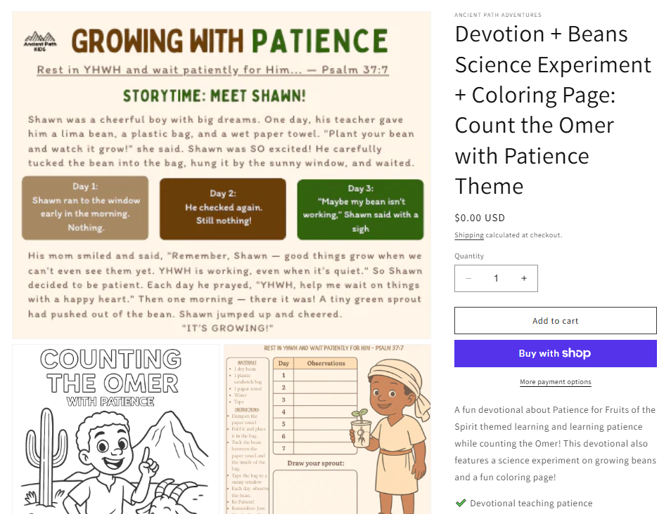Devotion + Beans Science Experiment + Coloring Page: Count the Omer with Patience Theme