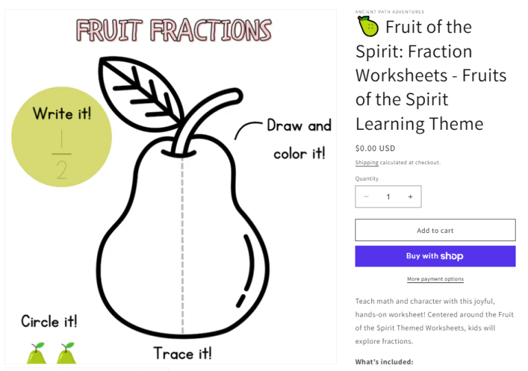 Fruit of the Spirit Fraction Worksheets